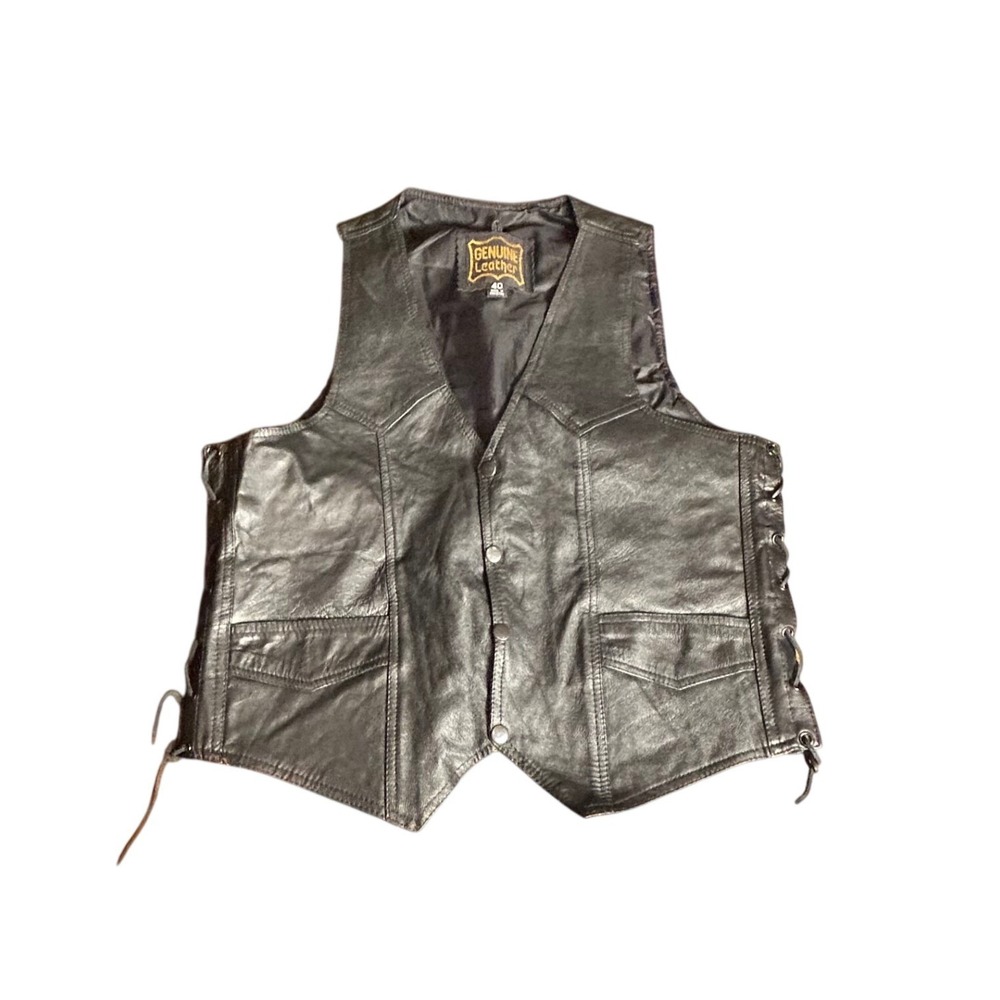 Vintage 90s Genuine Leather Club Biker Vest Motorcycle Lace‎ Up Sides Size 40